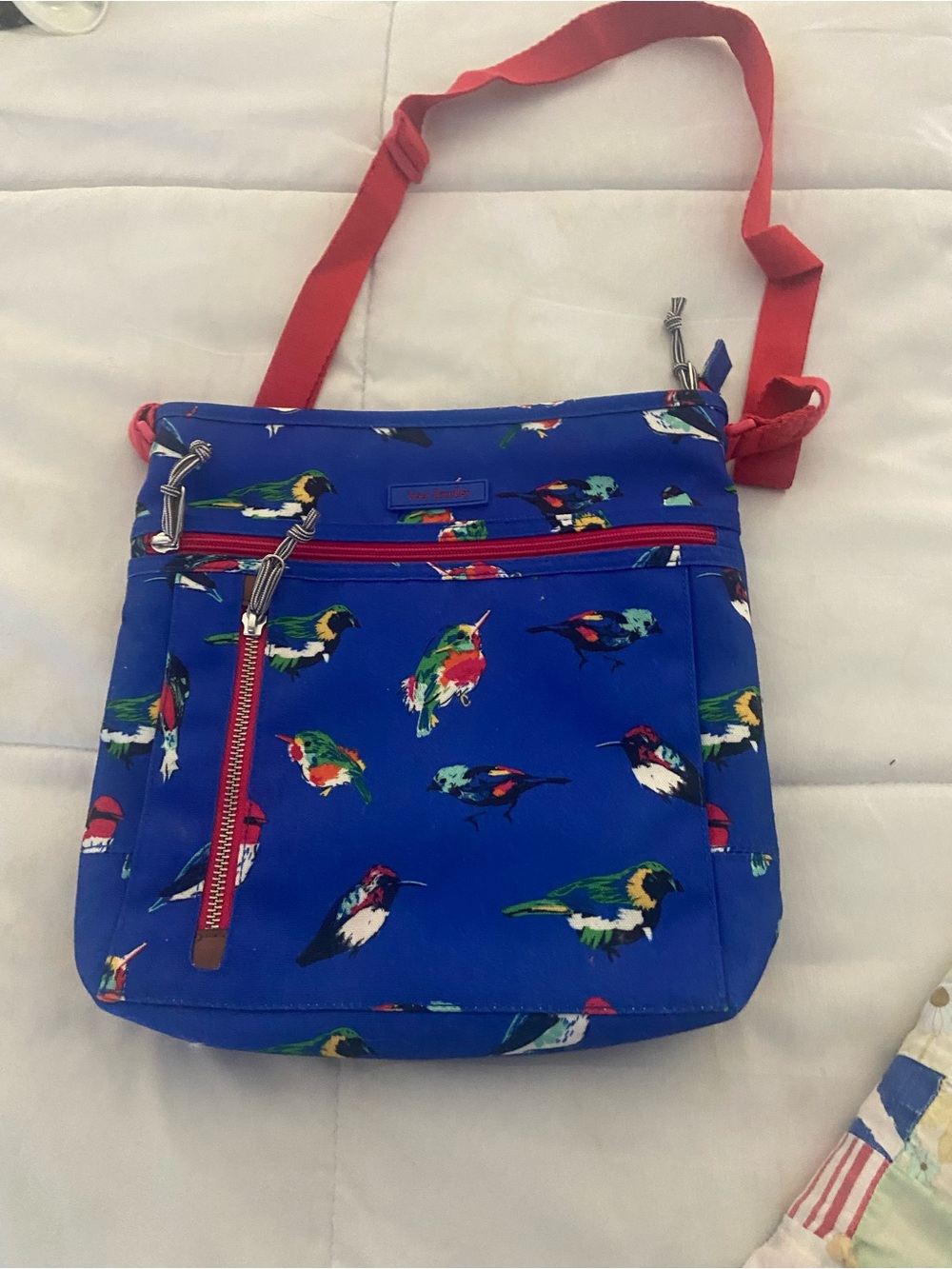 Vera Bradley Blue Bird Print Crossbody with Red Strap